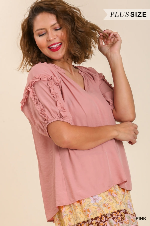 Umgee Split Neck Puff Sleeve Blouse with Double Edge Ruffle Trim In Pink Plus-Curvy/Plus Blouses-Umgee-Deja Nu Boutique, Women's Fashion Boutique in Lampasas, Texas