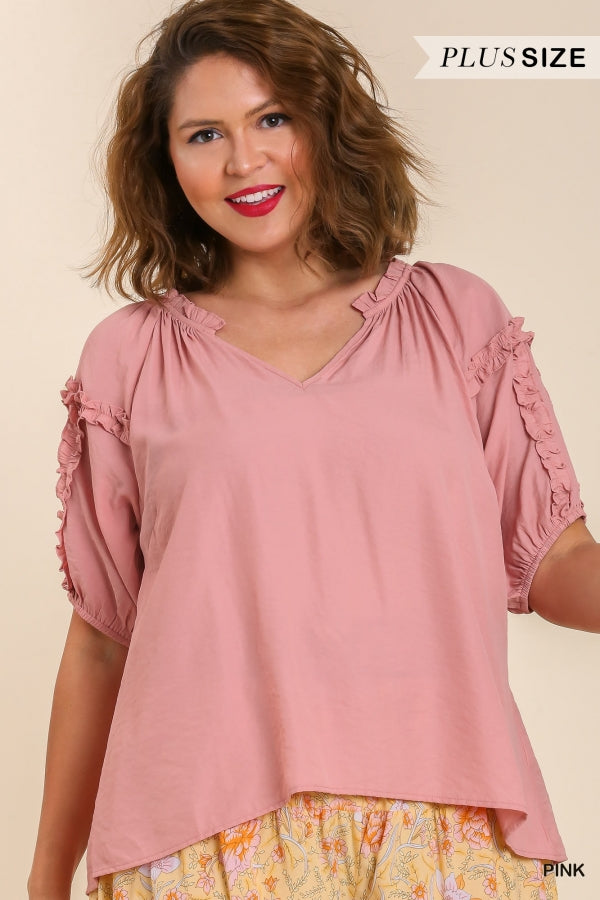 Umgee Split Neck Puff Sleeve Blouse with Double Edge Ruffle Trim In Pink Plus-Curvy/Plus Blouses-Umgee-Deja Nu Boutique, Women's Fashion Boutique in Lampasas, Texas