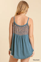 Umgee Teal Blue Linen Animal Print Frayed Hem Top-Tops-Umgee-Deja Nu Boutique, Women's Fashion Boutique in Lampasas, Texas