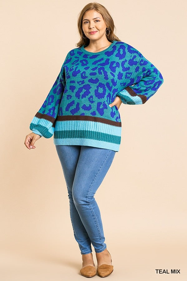Umgee Teal Mix Plus Animal Print Tunic Sweater-Curvy/Plus Tops-Umgee-Deja Nu Boutique, Women's Fashion Boutique in Lampasas, Texas