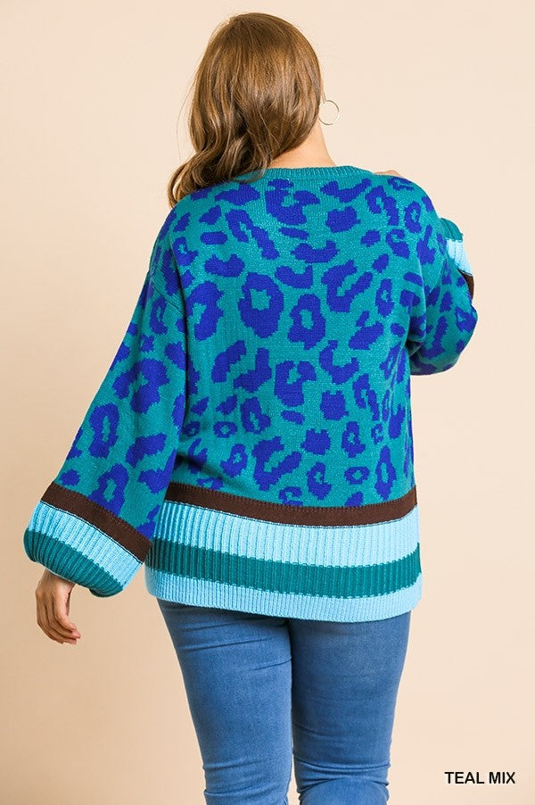 Umgee Teal Mix Plus Animal Print Tunic Sweater-Curvy/Plus Tops-Umgee-Deja Nu Boutique, Women's Fashion Boutique in Lampasas, Texas
