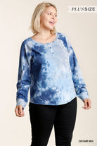 Umgee Tie Dye Button Front Raglan Sleeve Top With Raw Hem In Denim Mix Plus-Curvy/Plus Tops-Umgee-Deja Nu Boutique, Women's Fashion Boutique in Lampasas, Texas