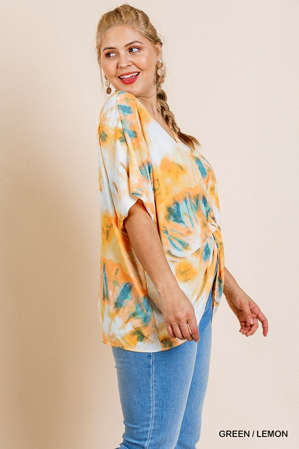 Umgee Tie Dye Ruffle Bell Sleeve Knot Front Plus Top-Curvy/Plus Tops-Umgee-Deja Nu Boutique, Women's Fashion Boutique in Lampasas, Texas