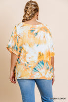 Umgee Tie Dye Ruffle Bell Sleeve Knot Front Plus Top-Curvy/Plus Tops-Umgee-Deja Nu Boutique, Women's Fashion Boutique in Lampasas, Texas