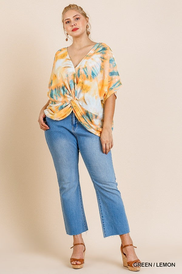 Umgee Tie Dye Ruffle Bell Sleeve Knot Front Plus Top-Curvy/Plus Tops-Umgee-Deja Nu Boutique, Women's Fashion Boutique in Lampasas, Texas