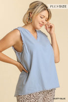 Umgee V-Neck Sleeveless Top with Frayed Hem In Dusty Blue Plus-Curvy/Plus Tops-Umgee-Deja Nu Boutique, Women's Fashion Boutique in Lampasas, Texas