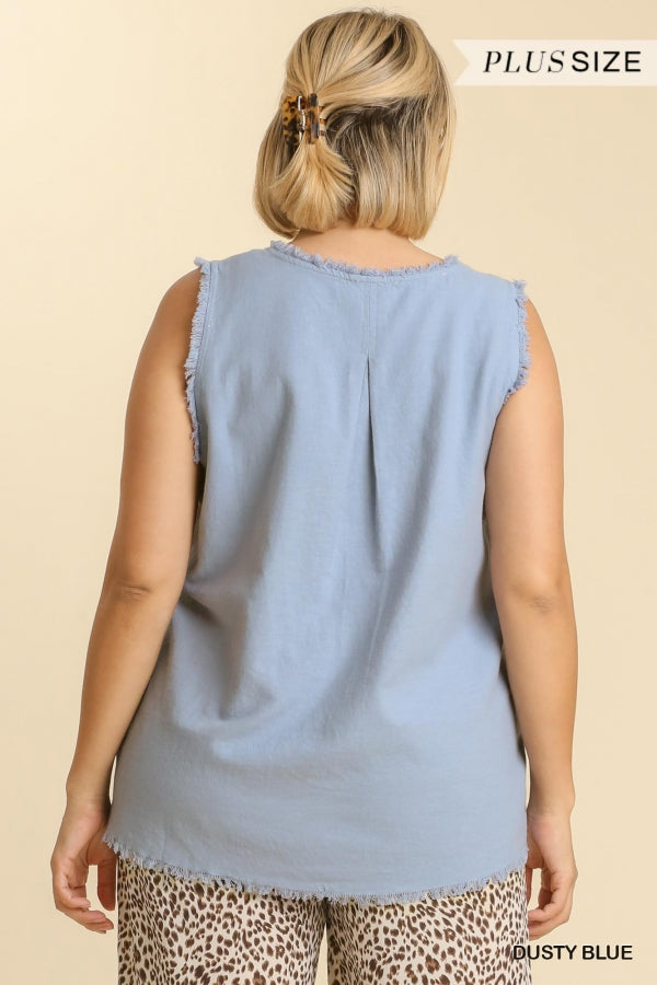 Umgee V-Neck Sleeveless Top with Frayed Hem In Dusty Blue Plus-Curvy/Plus Tops-Umgee-Deja Nu Boutique, Women's Fashion Boutique in Lampasas, Texas