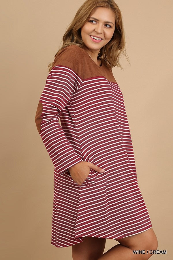 Umgee Wine Stripe Plus Dress With Brown Suede Shoulders And Elbow Patch-Curvy/Plus Short Dresses-Umgee-Deja Nu Boutique, Women's Fashion Boutique in Lampasas, Texas