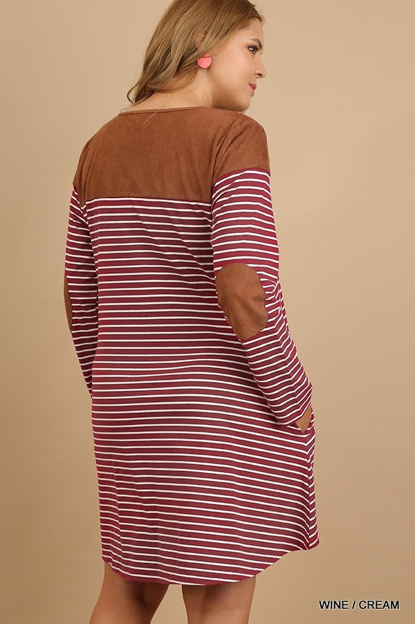 Umgee Wine Stripe Plus Dress With Brown Suede Shoulders And Elbow Patch-Curvy/Plus Short Dresses-Umgee-Deja Nu Boutique, Women's Fashion Boutique in Lampasas, Texas