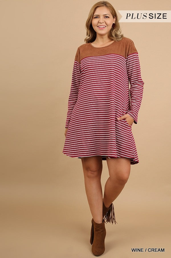 Umgee Wine Stripe Plus Dress With Brown Suede Shoulders And Elbow Patch-Curvy/Plus Short Dresses-Umgee-Deja Nu Boutique, Women's Fashion Boutique in Lampasas, Texas
