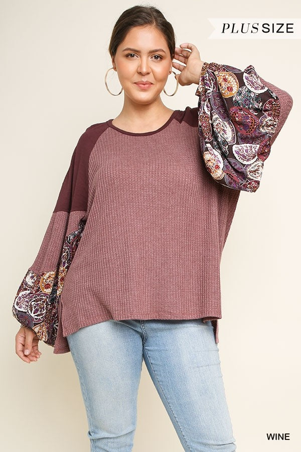 Umgee Wine Waffle Knit Long Sleeve Floral Print Plus Top-Curvy/Plus Tops-Umgee-Deja Nu Boutique, Women's Fashion Boutique in Lampasas, Texas