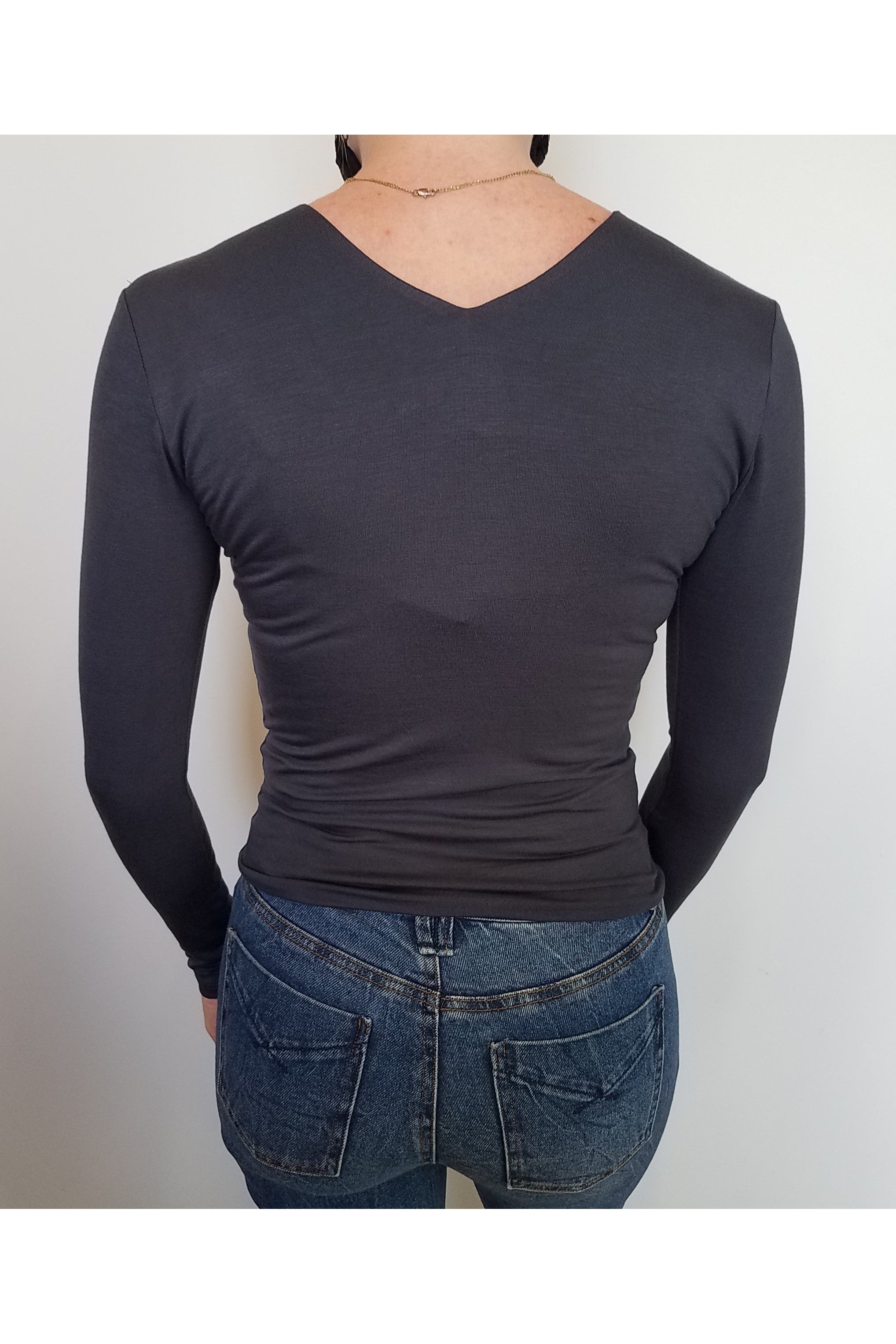 Veronica M Double Lined V-Neck Top In Dark Cement-Tops-Veronica M-Deja Nu Boutique, Women's Fashion Boutique in Lampasas, Texas