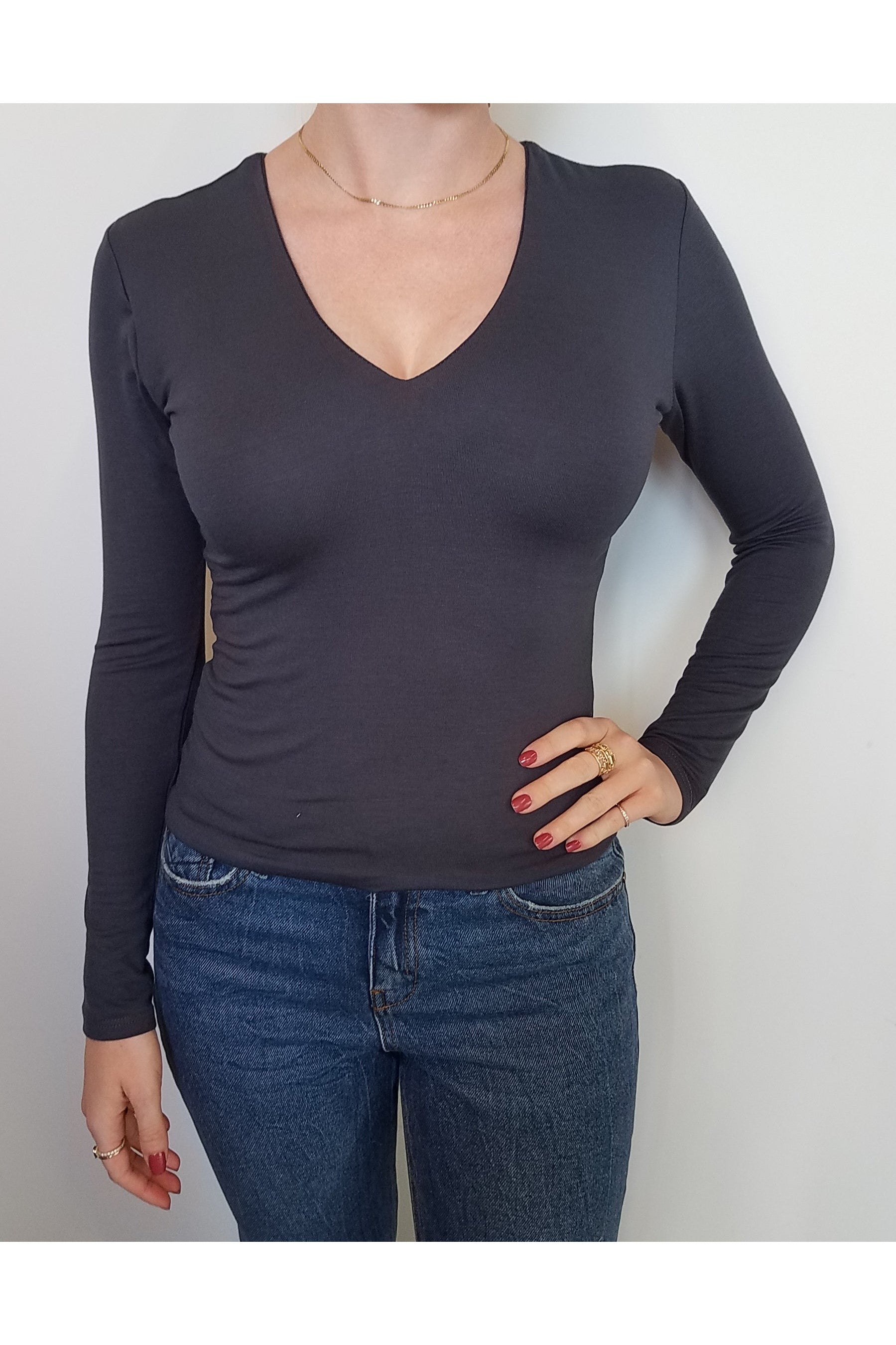 Veronica M Double Lined V-Neck Top In Dark Cement-Tops-Veronica M-Deja Nu Boutique, Women's Fashion Boutique in Lampasas, Texas