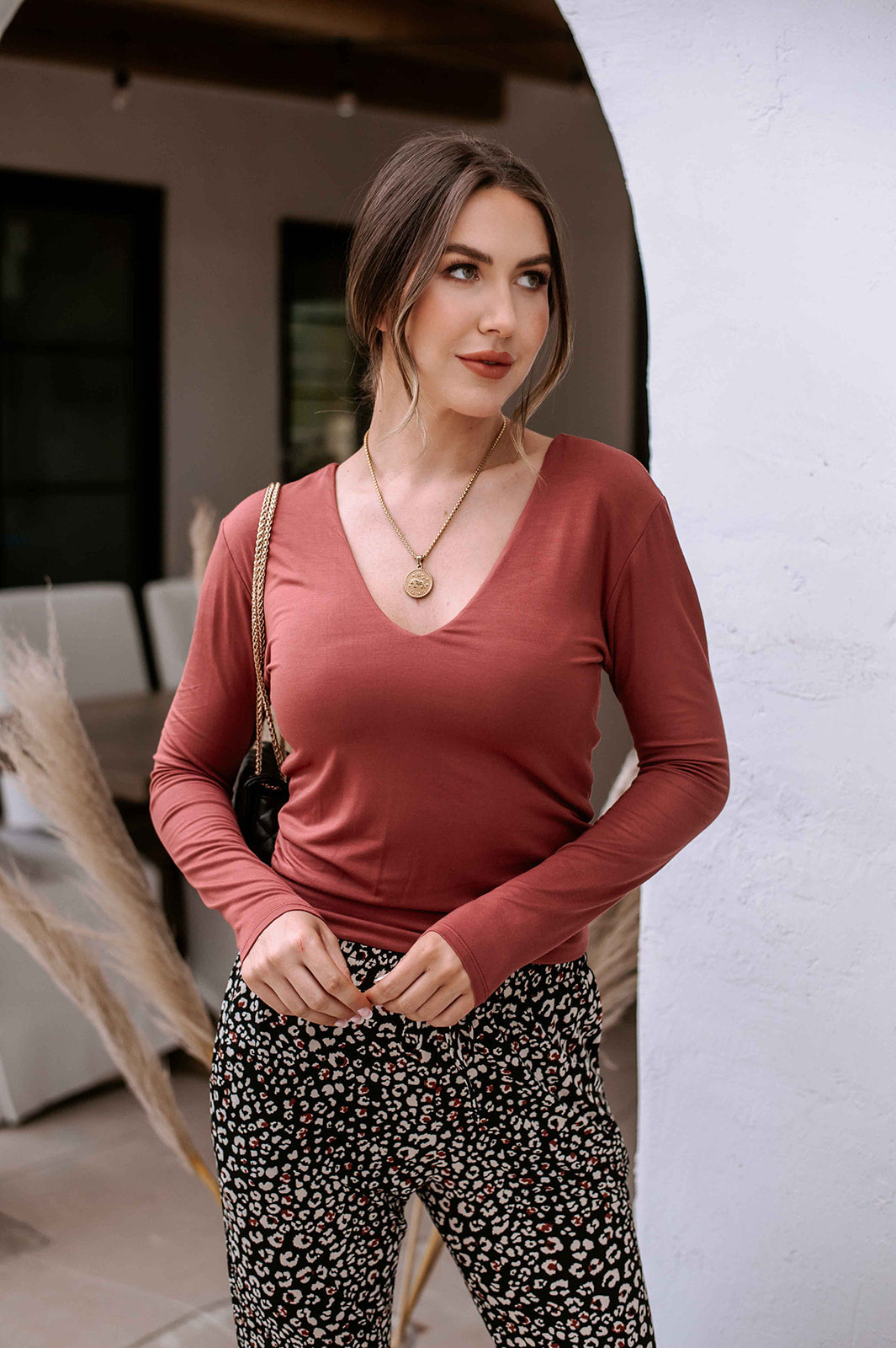 Veronica M Double Lined V-Neck Top In Marsala Modal-Tops-Veronica M-Deja Nu Boutique, Women's Fashion Boutique in Lampasas, Texas