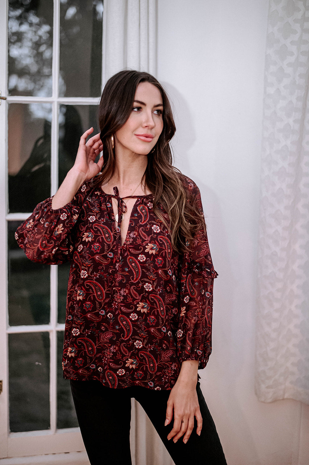 Veronica M Gredana Ruffle Chiffon Blouse-Tops-Veronica M-Deja Nu Boutique, Women's Fashion Boutique in Lampasas, Texas