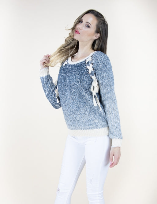 Very Moda Blue Lace Shoulder Sweater-Sweaters-Very Moda-Deja Nu Boutique, Women's Fashion Boutique in Lampasas, Texas