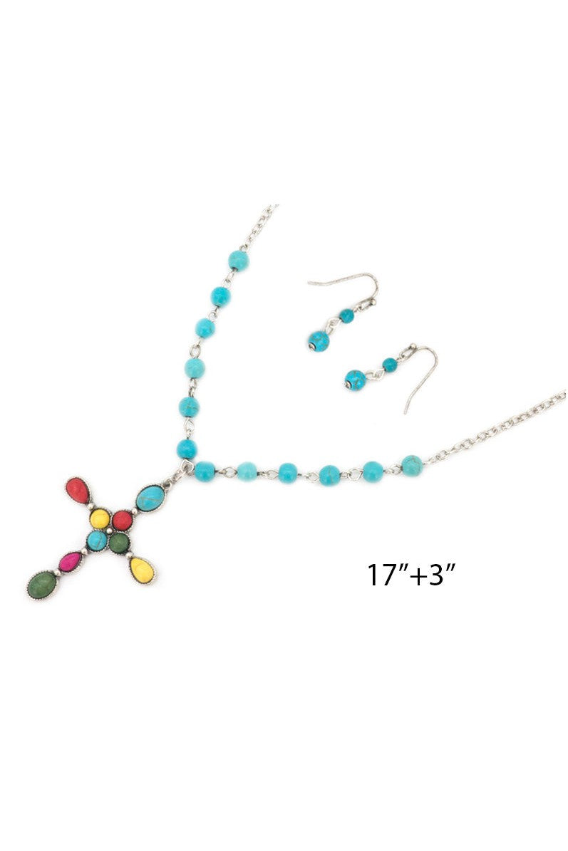 Viola Semi Genuine Stone Cross Pendant With Turquoise Stone Bead Necklace Set-Jewelry Sets-Viola-Deja Nu Boutique, Women's Fashion Boutique in Lampasas, Texas