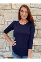 WAY Navy Rounded Long Sleeve Top-Long Sleeves-WAY-Deja Nu Boutique, Women's Fashion Boutique in Lampasas, Texas