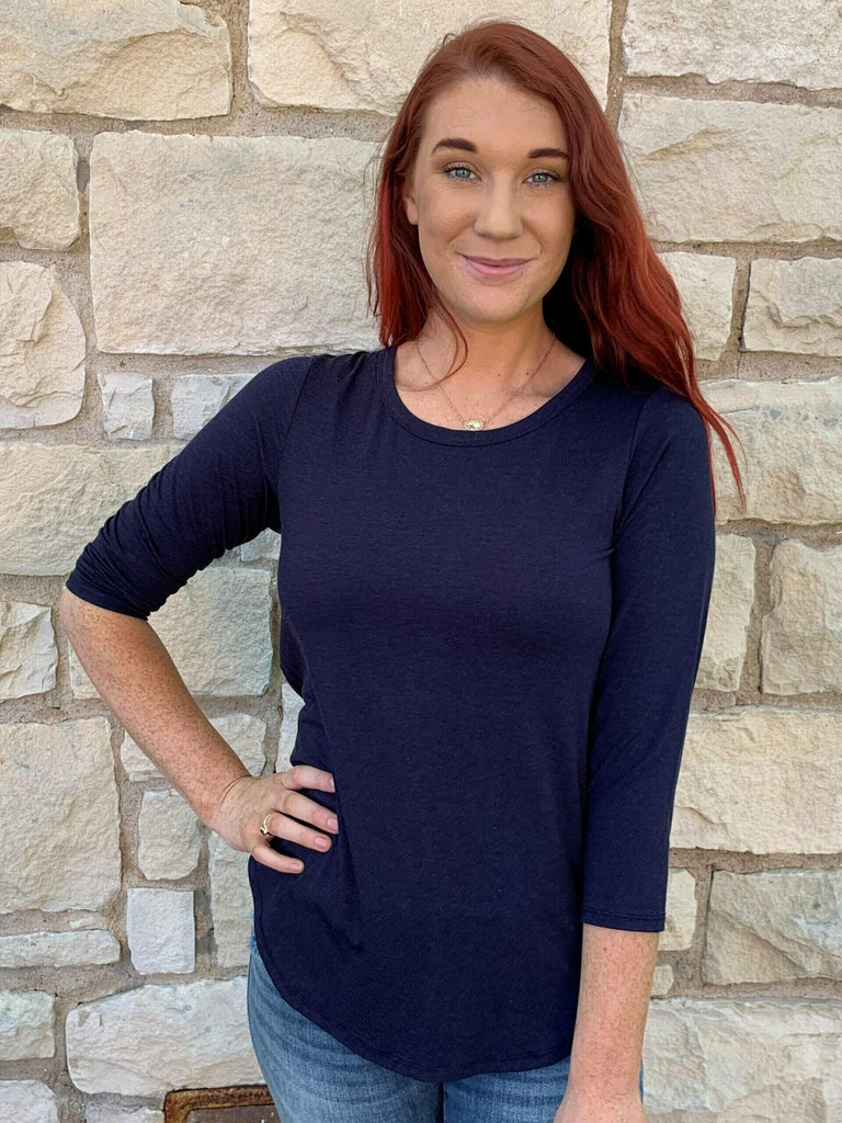 WAY Navy Rounded Long Sleeve Top-Long Sleeves-WAY-Deja Nu Boutique, Women's Fashion Boutique in Lampasas, Texas