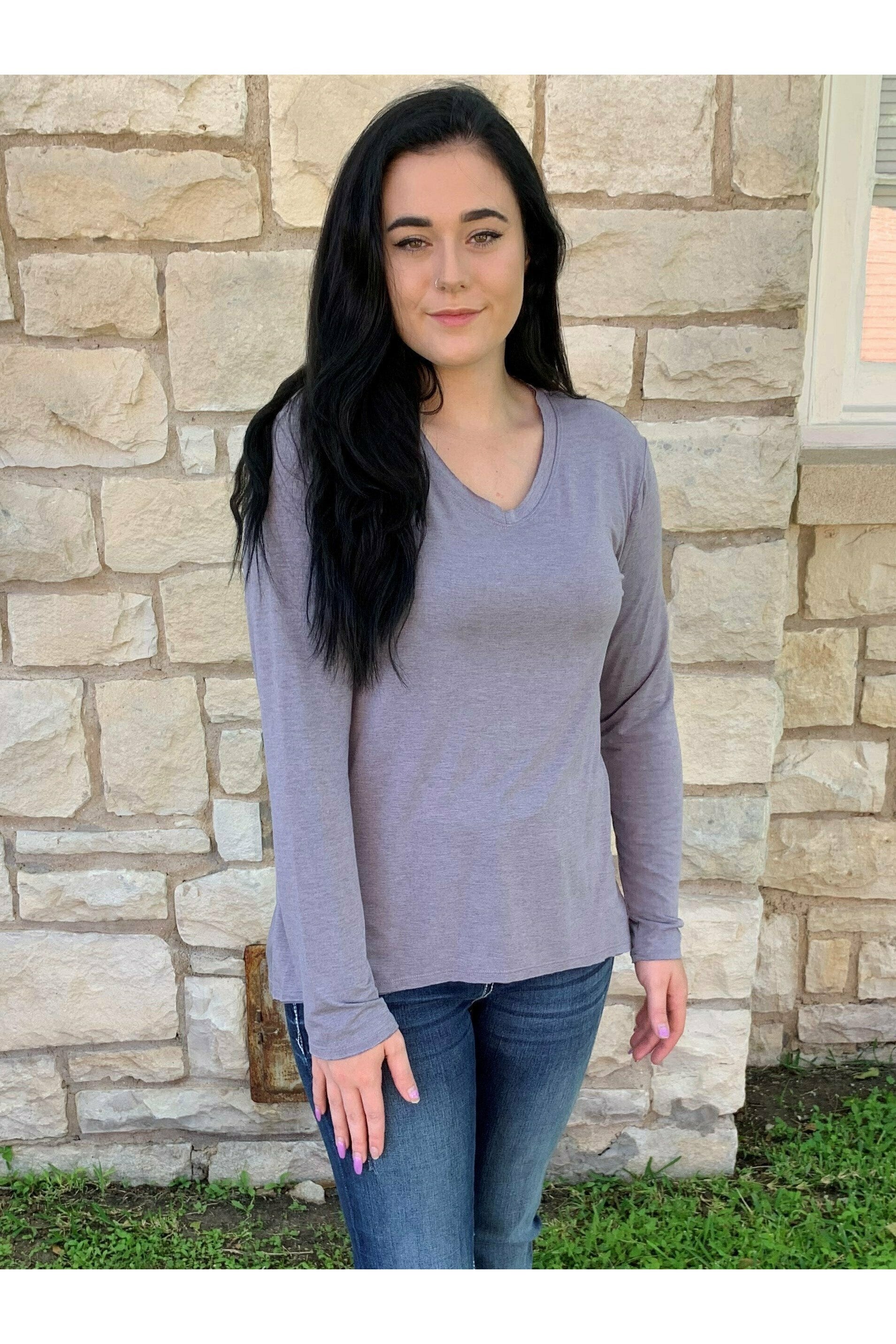 WAY Purple Hi-Low V Neck Long Sleeve Top-Long Sleeves-WAY-Deja Nu Boutique, Women's Fashion Boutique in Lampasas, Texas