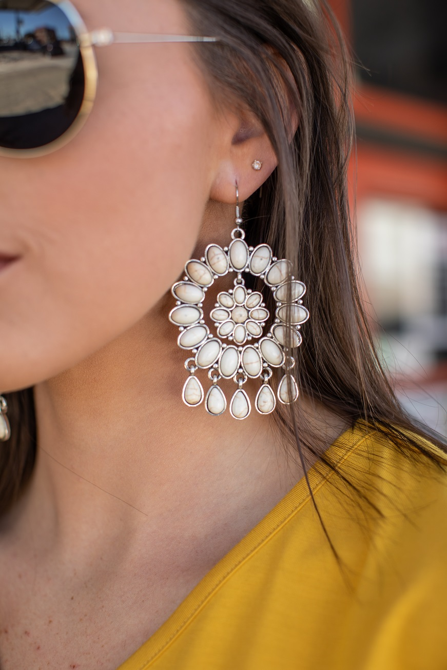 L And B White Concho Stone Dangle Earring-Earrings-L And B-Deja Nu Boutique, Women's Fashion Boutique in Lampasas, Texas