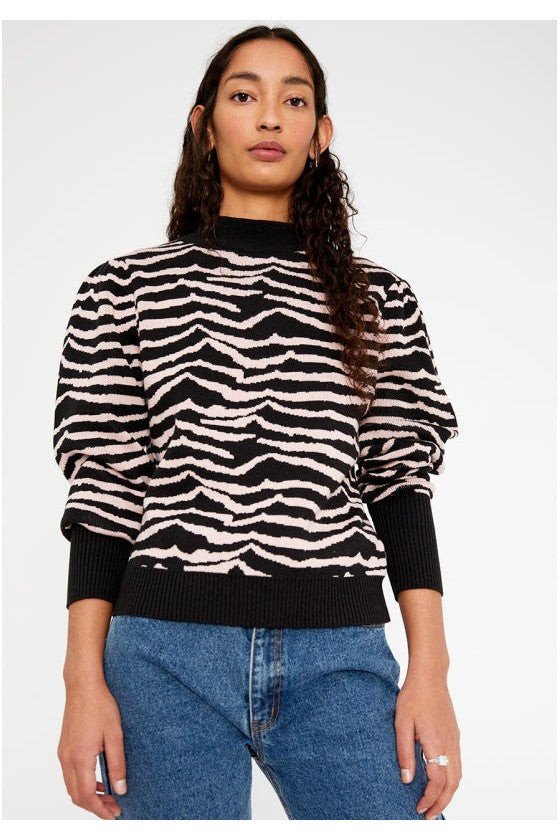 Wild Pony Black And White Zebra Print Intarsia-Knit Sweater With Puff Sleeves-Sweaters-Wild Pony-Deja Nu Boutique, Women's Fashion Boutique in Lampasas, Texas