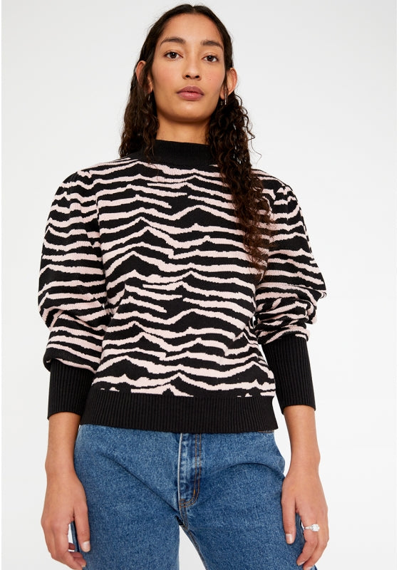 Wild Pony Black And White Zebra Print Intarsia-Knit Sweater With Puff Sleeves-Sweaters-Wild Pony-Deja Nu Boutique, Women's Fashion Boutique in Lampasas, Texas