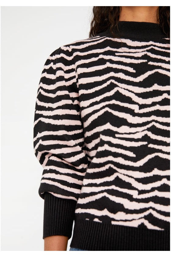 Wild Pony Black And White Zebra Print Intarsia-Knit Sweater With Puff Sleeves-Sweaters-Wild Pony-Deja Nu Boutique, Women's Fashion Boutique in Lampasas, Texas