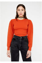 Wild Pony Orange Round Neck Ribbed Sweater With Puff Sleeve-Sweaters-Wild Pony-Deja Nu Boutique, Women's Fashion Boutique in Lampasas, Texas