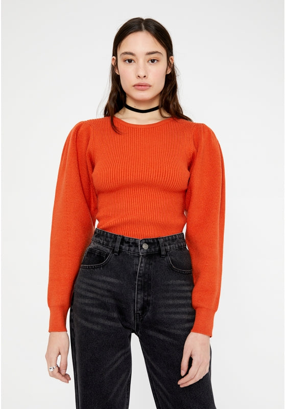 Wild Pony Orange Round Neck Ribbed Sweater With Puff Sleeve-Sweaters-Wild Pony-Deja Nu Boutique, Women's Fashion Boutique in Lampasas, Texas