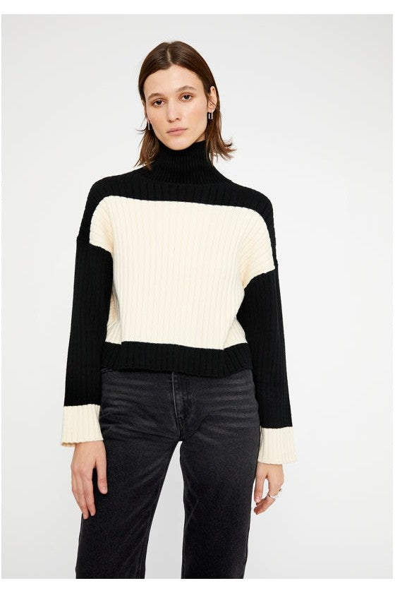 Wild Pony Two Tone Black Ribbed High Neck Sweater With Contrast Detail-Sweaters-Wild Pony-Deja Nu Boutique, Women's Fashion Boutique in Lampasas, Texas