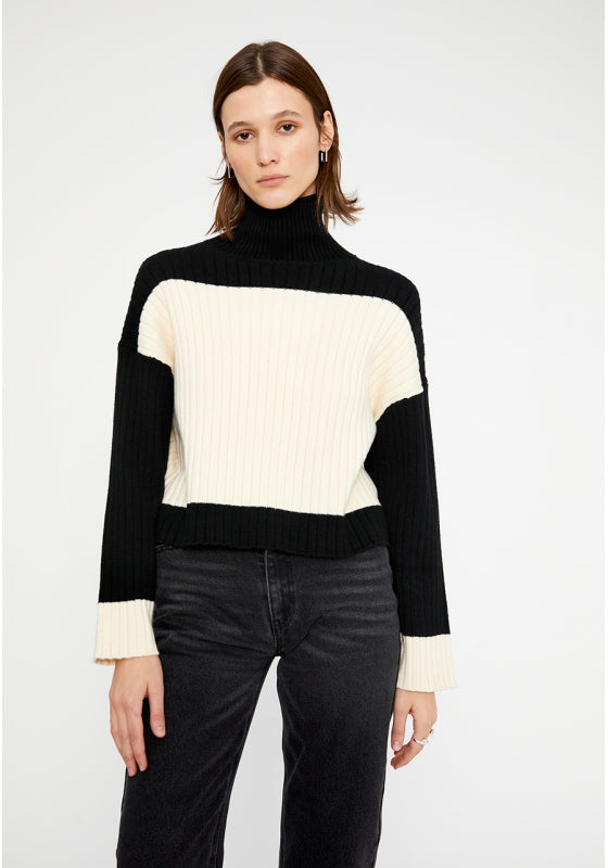 Wild Pony Two Tone Black Ribbed High Neck Sweater With Contrast Detail-Sweaters-Wild Pony-Deja Nu Boutique, Women's Fashion Boutique in Lampasas, Texas
