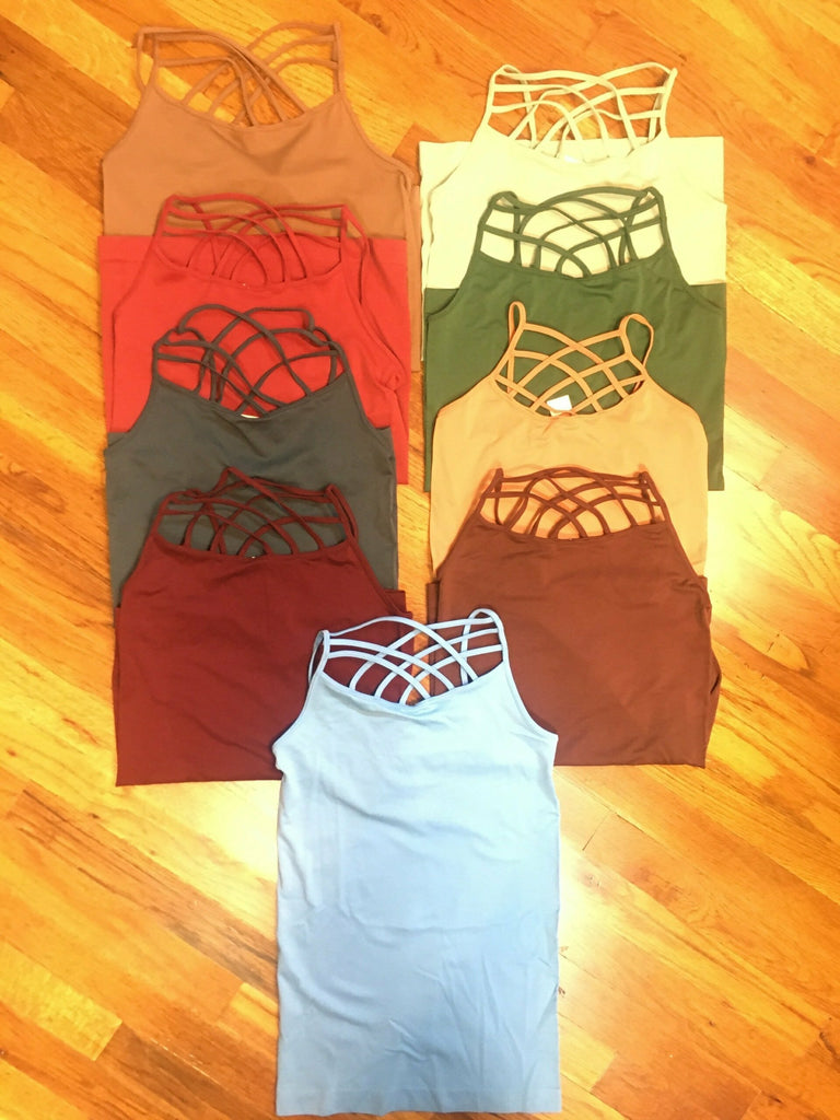 Yelete Criss Cross Cami In Assorted Colors-Camis/Tanks-Yelete-Deja Nu Boutique, Women's Fashion Boutique in Lampasas, Texas