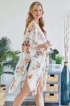 Adora Chiffon Floral Print Three Fourth Sleeve Kimono In Ivory And Blue-Cardigans & Kimonos-Adora-Deja Nu Boutique, Women's Fashion Boutique in Lampasas, Texas