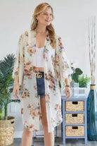 Adora Chiffon Floral Print Three Fourth Sleeve Kimono In Ivory And Blue-Cardigans & Kimonos-Adora-Deja Nu Boutique, Women's Fashion Boutique in Lampasas, Texas