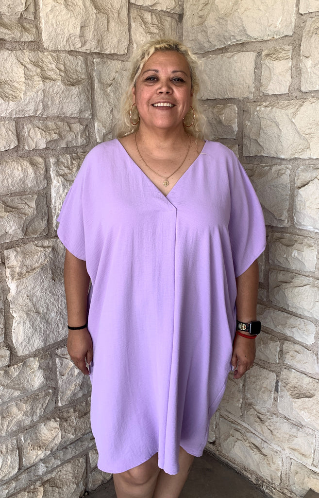 ee:some Lavender Short Sleeve V Neck Dress Plus-Curvy/Plus Short Dresses-ee:some-Deja Nu Boutique, Women's Fashion Boutique in Lampasas, Texas