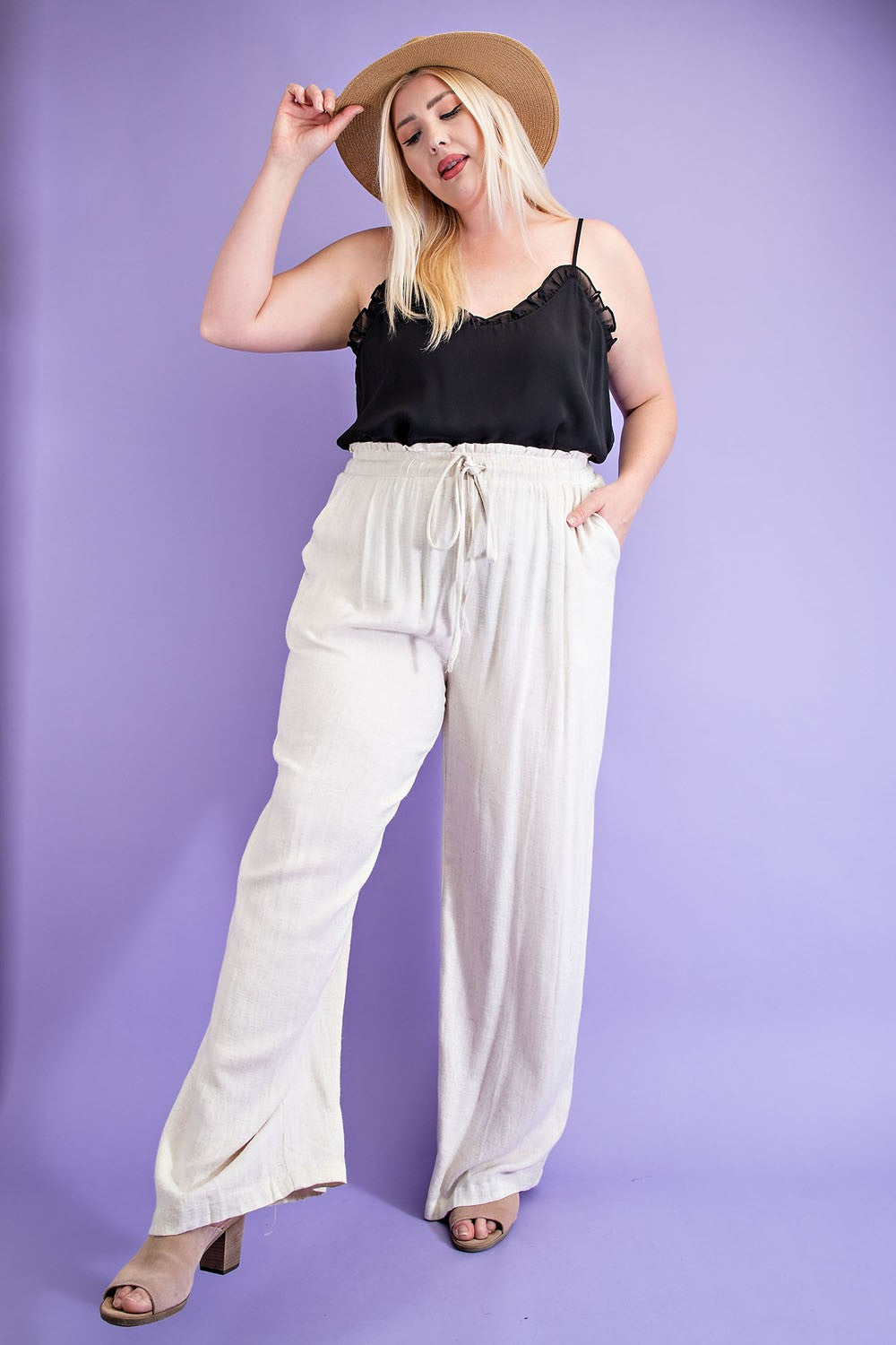 ee:some Linen Wide Leg Pants In Oatmeal Plus-Curvy/Plus Pants-ee:some-Deja Nu Boutique, Women's Fashion Boutique in Lampasas, Texas