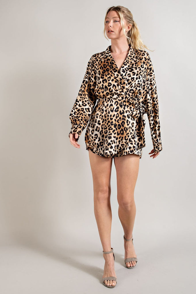 ee:some Long Sleeve Wrap Romper In Leopard Print Satin-Rompers & Jumpsuits-ee:some-Deja Nu Boutique, Women's Fashion Boutique in Lampasas, Texas