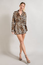 ee:some Long Sleeve Wrap Romper In Leopard Print Satin-Rompers & Jumpsuits-ee:some-Deja Nu Boutique, Women's Fashion Boutique in Lampasas, Texas