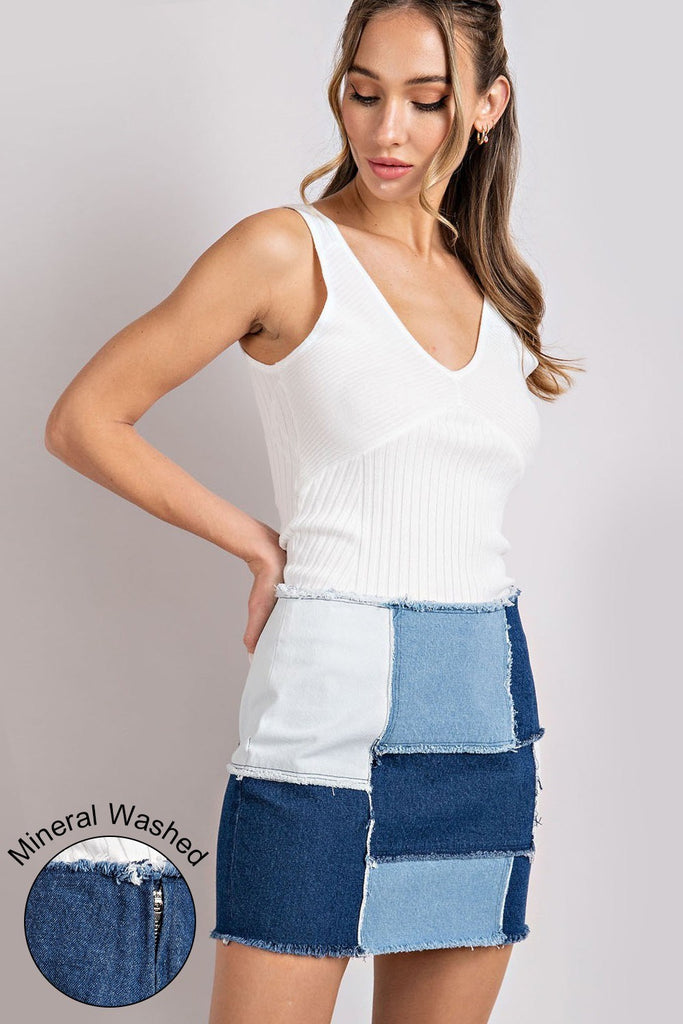 eesome Mineral Washed Denim Color Block Mini Skirt-Skirts-ee:some-Deja Nu Boutique, Women's Fashion Boutique in Lampasas, Texas