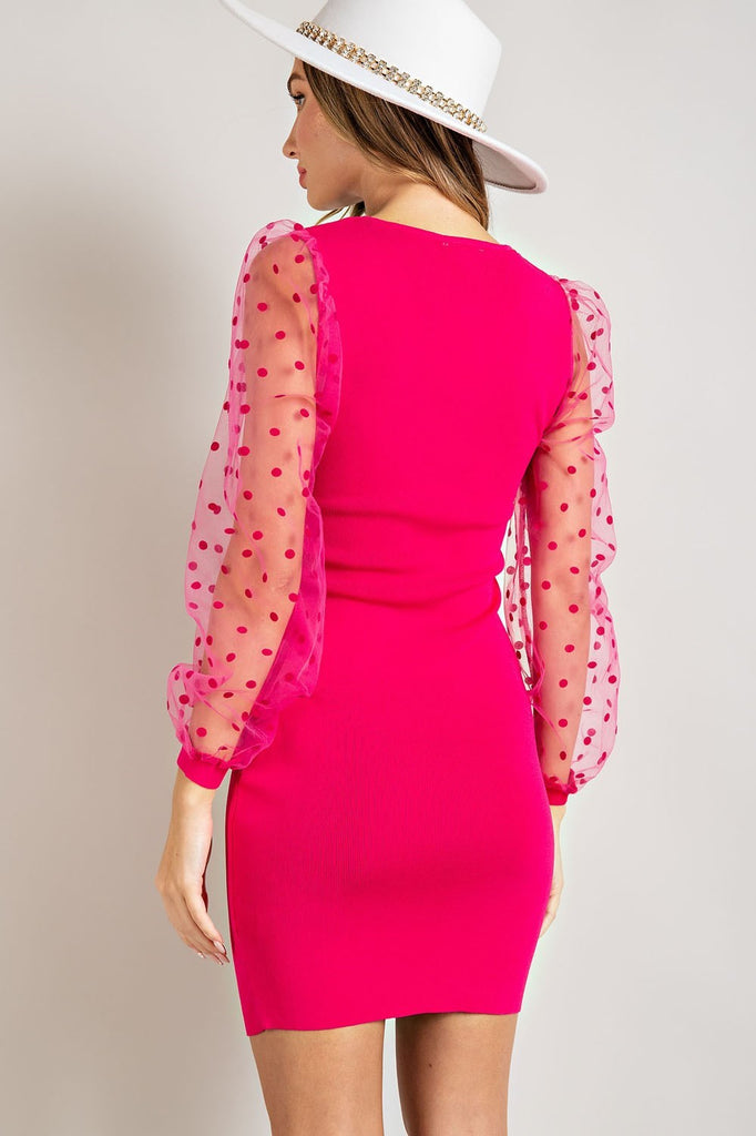 ee:some Polka Dot Square Neck Bodycon Dress In Hot Pink-Dresses-ee:some-Deja Nu Boutique, Women's Fashion Boutique in Lampasas, Texas