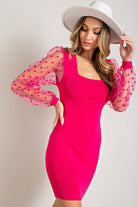 ee:some Polka Dot Square Neck Bodycon Dress In Hot Pink-Dresses-ee:some-Deja Nu Boutique, Women's Fashion Boutique in Lampasas, Texas