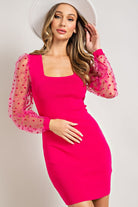 ee:some Polka Dot Square Neck Bodycon Dress In Hot Pink-Dresses-ee:some-Deja Nu Boutique, Women's Fashion Boutique in Lampasas, Texas