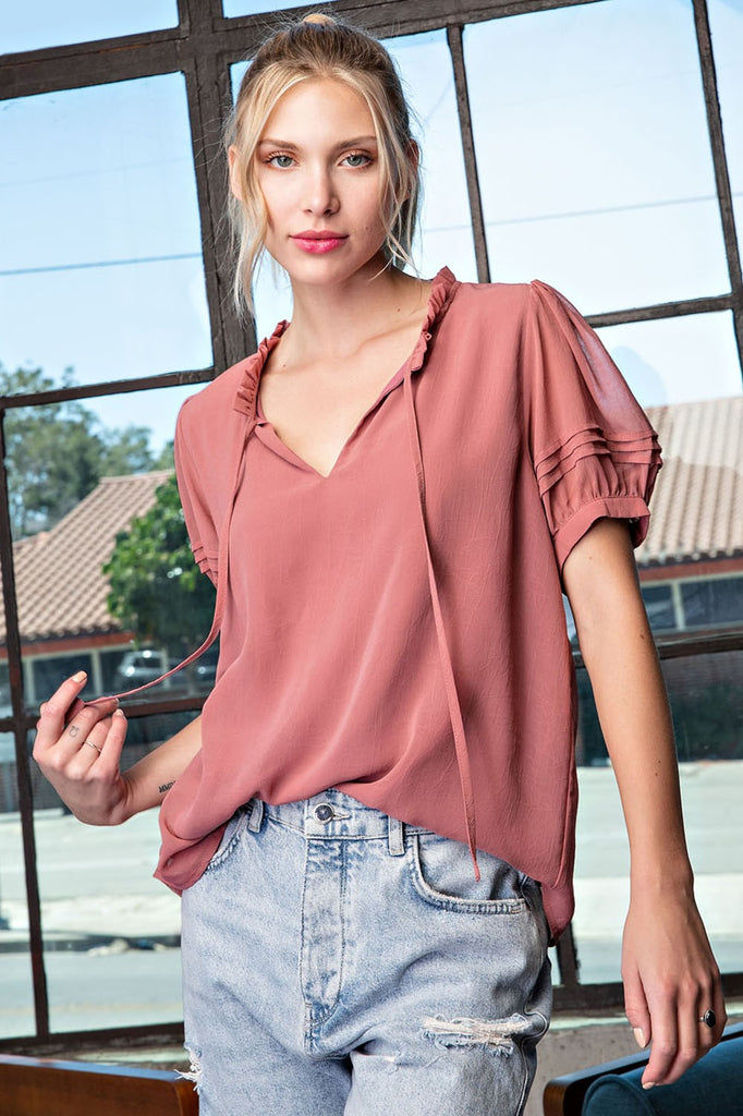 ee:some Ruffled Mock Neck Tie Front Blouse With Puff Sleeve In Mauve-Tops-ee:some-Deja Nu Boutique, Women's Fashion Boutique in Lampasas, Texas