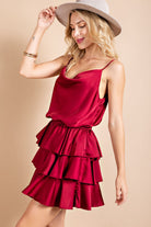 ee:some Satin Cowl Neck Ruffled Bottom Mini Dress In Wine-Short Dresses-ee:some-Deja Nu Boutique, Women's Fashion Boutique in Lampasas, Texas