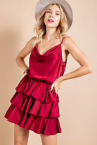 ee:some Satin Cowl Neck Ruffled Bottom Mini Dress In Wine-Short Dresses-ee:some-Deja Nu Boutique, Women's Fashion Boutique in Lampasas, Texas