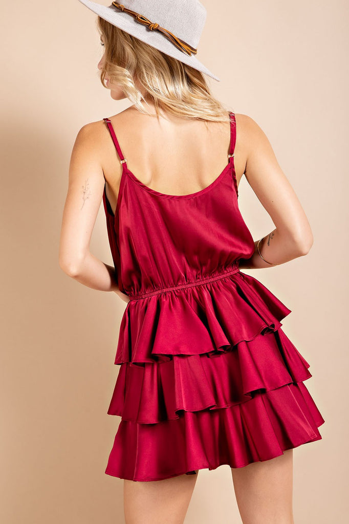 ee:some Satin Cowl Neck Ruffled Bottom Mini Dress In Wine-Short Dresses-ee:some-Deja Nu Boutique, Women's Fashion Boutique in Lampasas, Texas