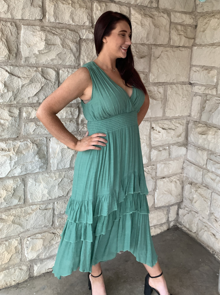ee:some Smocked Ruffle Maxi Dress In Sage-Maxi Dresses-ee:some-Deja Nu Boutique, Women's Fashion Boutique in Lampasas, Texas