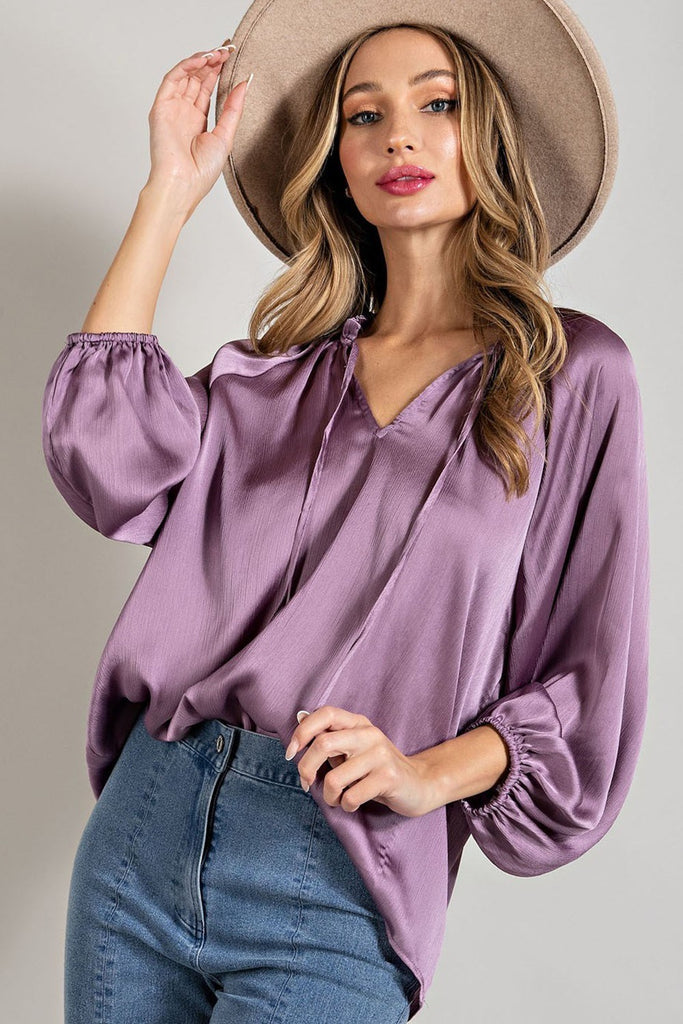 ee:some Tie Front V-Neckline Blouse In Purple-Short Sleeves-ee:some-Deja Nu Boutique, Women's Fashion Boutique in Lampasas, Texas