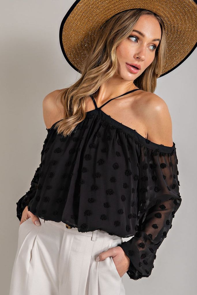 eesome Tufted Dot Off The Shoulder Top With Strap Detail In Black-Short Sleeves-ee:some-Deja Nu Boutique, Women's Fashion Boutique in Lampasas, Texas